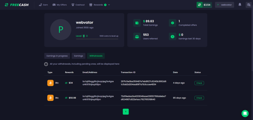 freecash BITCON WITHDRAW Receipt