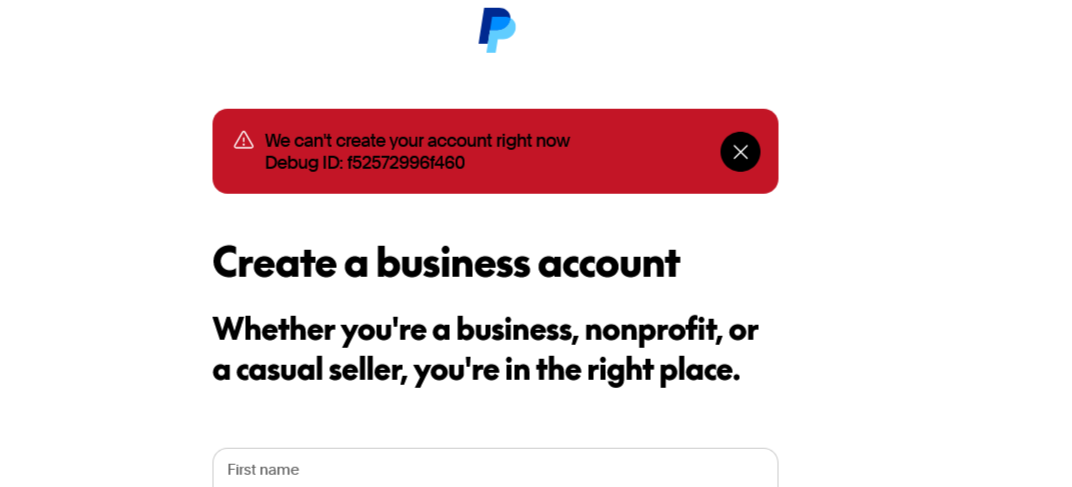 We can't create your account right now Debug ID: f52572996f460